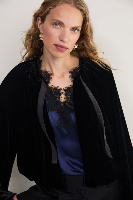 Penelope Silk Velvet Puffball Jacket - Black