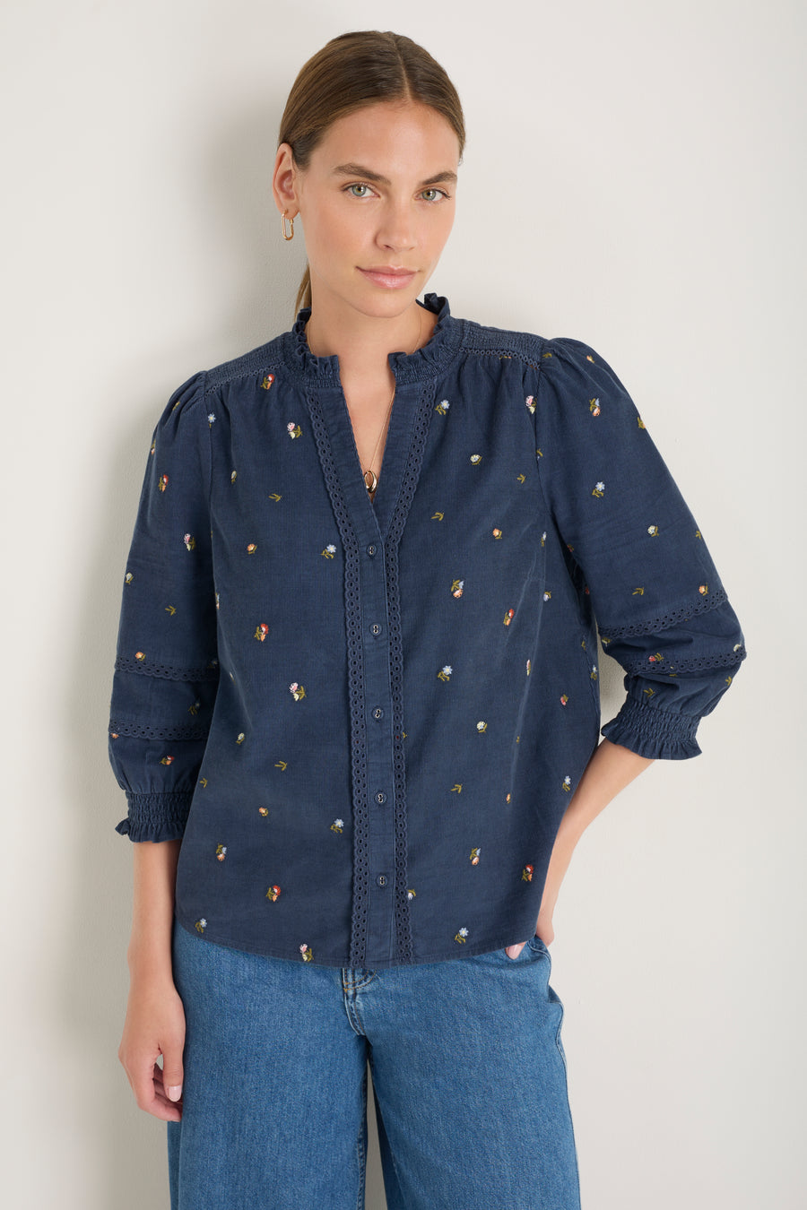 Alina Cord Blouse - Midnight Embroidered