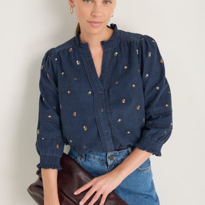 Alina Cord Blouse - Midnight Embroidered