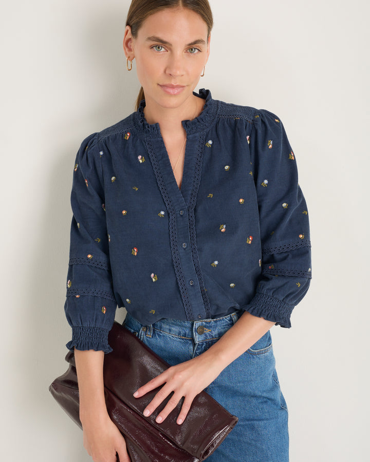 Alina Cord Blouse - Midnight Embroidered
