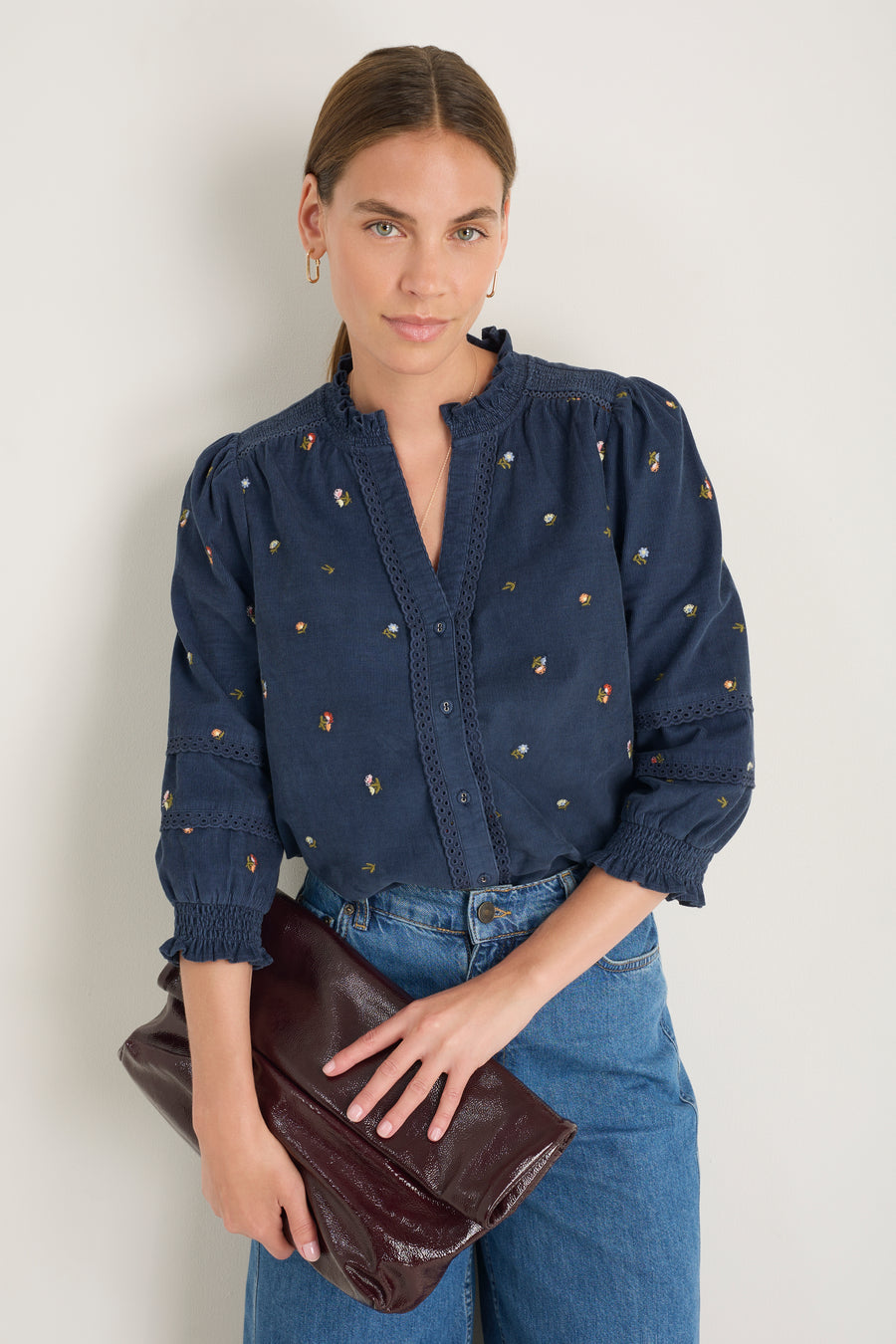 Alina Cord Blouse - Midnight Embroidered