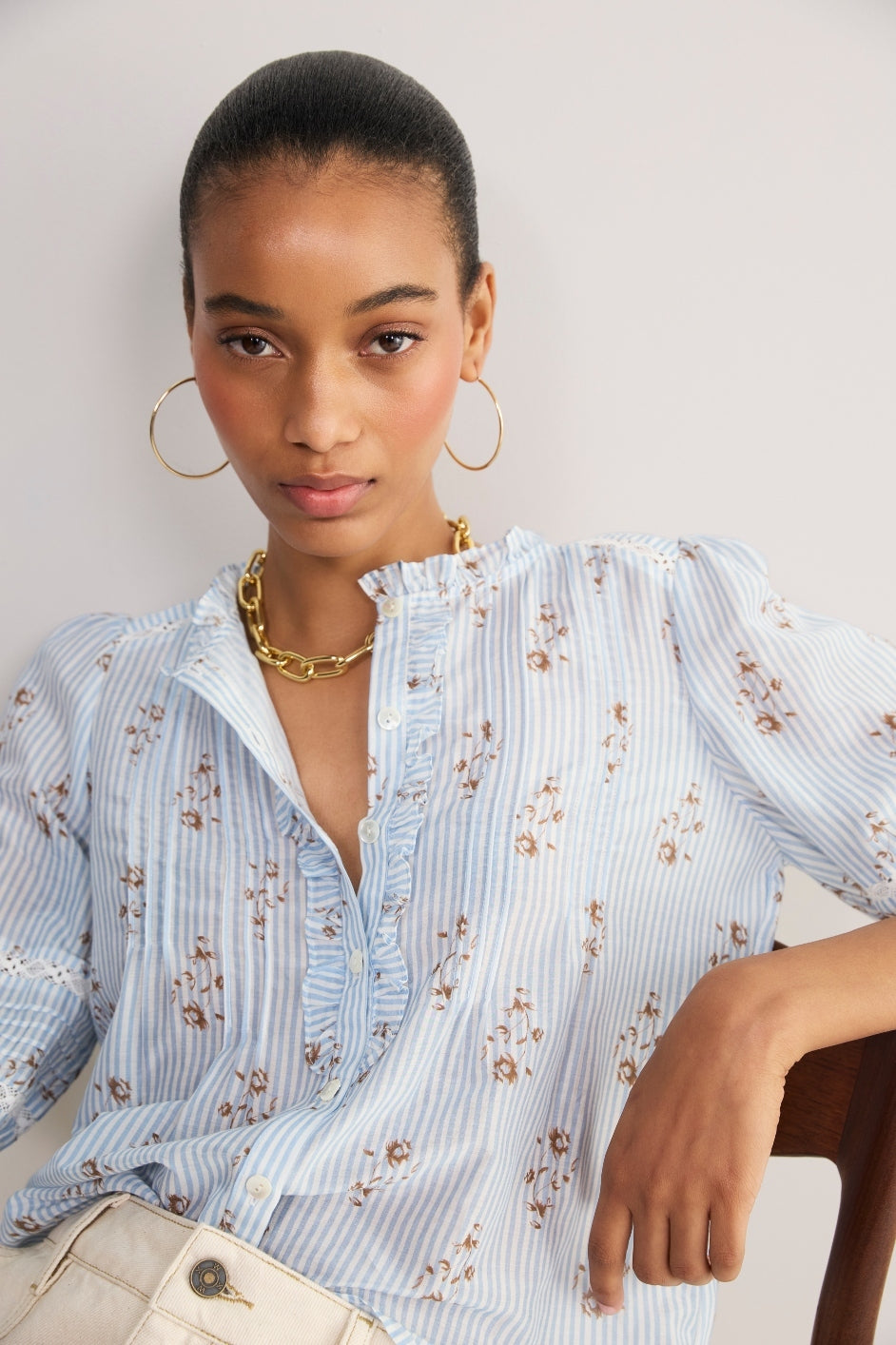 Riley Blouse - Blue/Ivory Stripe Floral