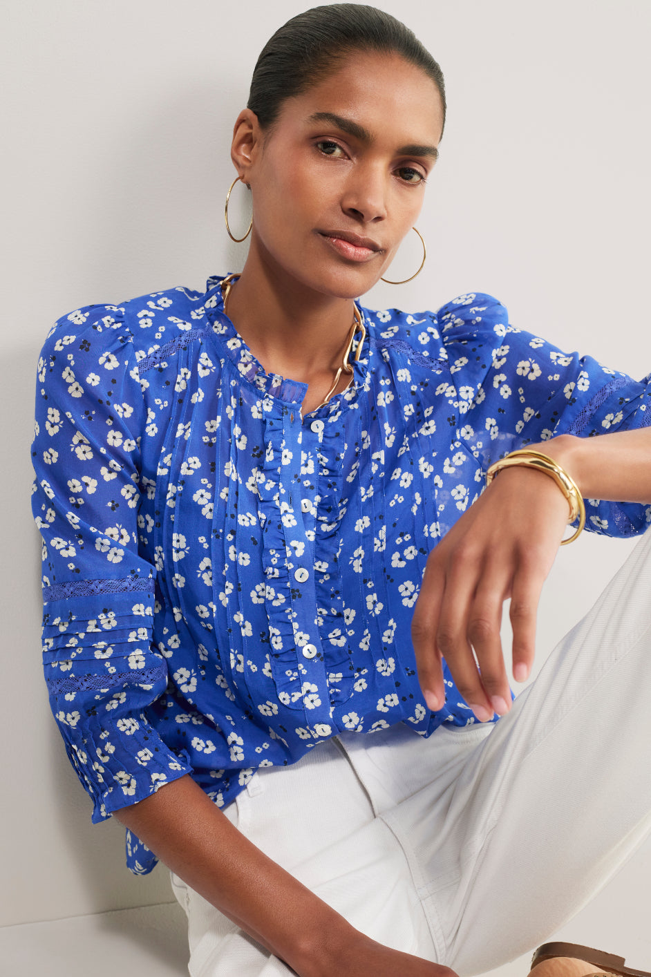 Riley Silk Blend Blouse - Cobalt Spaced Poppy