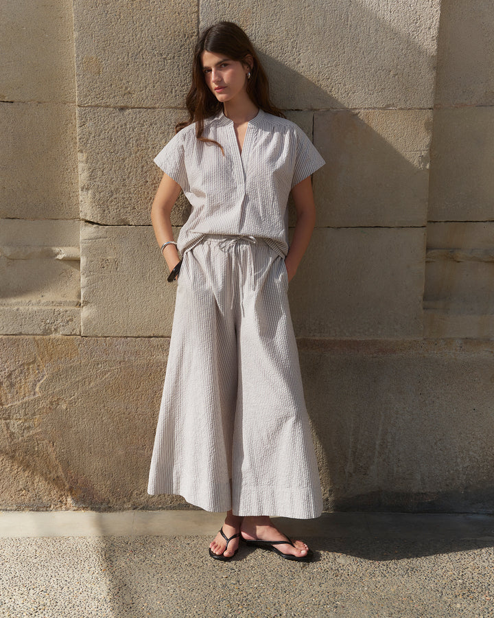 Romy Pull On Seersucker Culotte - Cocoa/Ecru Stripe