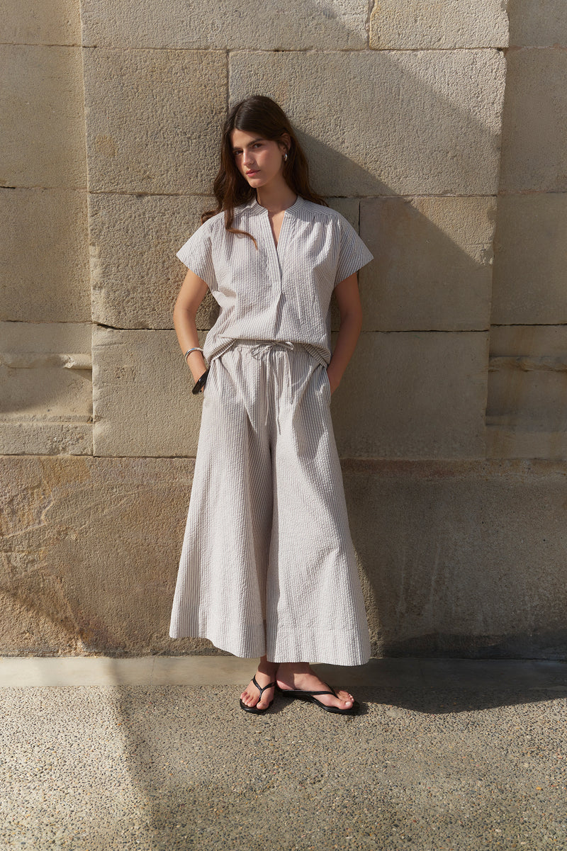 Romy Pull On Seersucker Culotte - Cocoa/Ecru Stripe