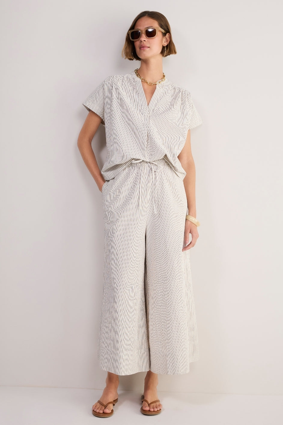 Romy Pull On Seersucker Culotte - Cocoa/Ecru Stripe