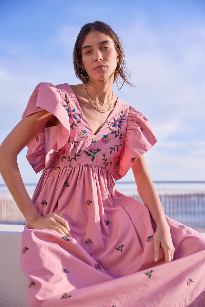 Emmeline Dress - Pink Embroidered