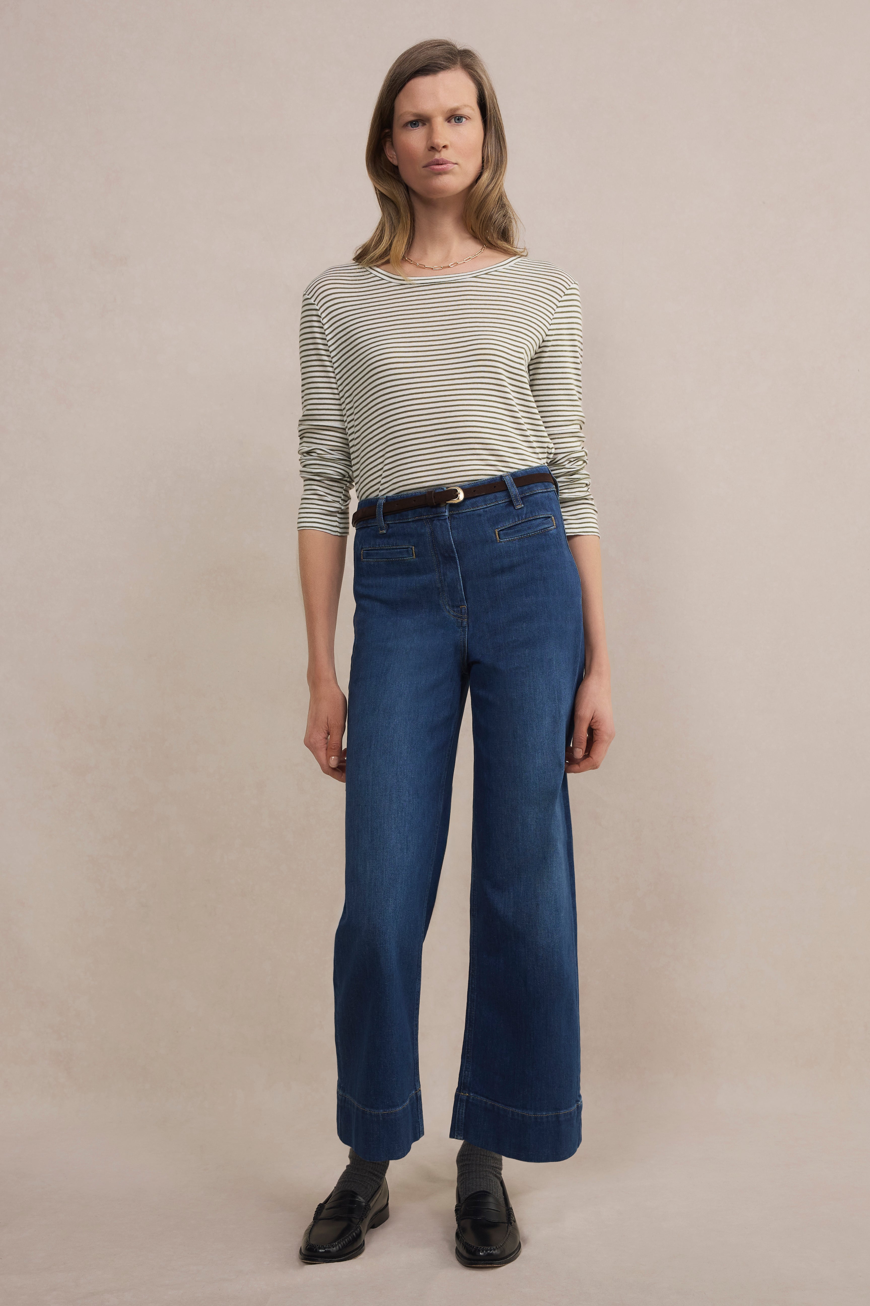 Madeleine Supersoft Jersey Top - Khaki/Ivory Stripe