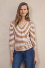 Lily Linen 3/4 V-Neck Top - Brown/Ivory Stripe