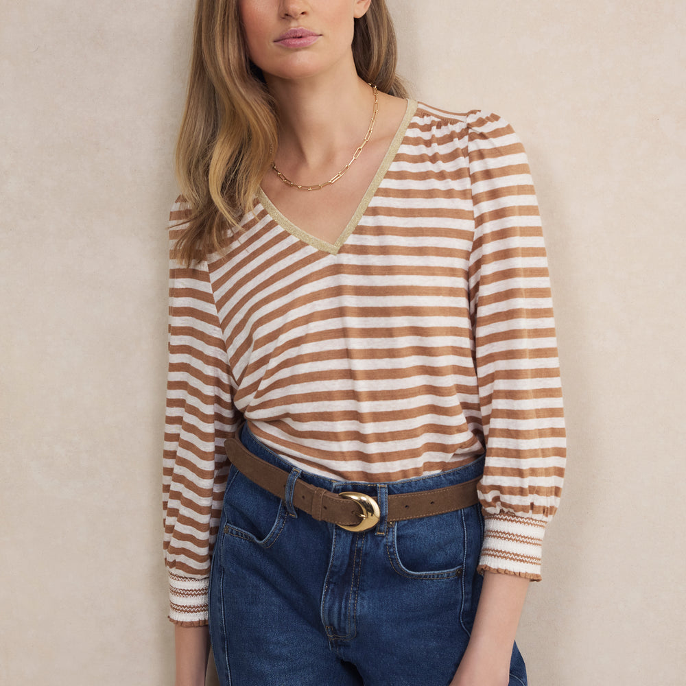 Lily Linen 3/4 V-Neck Top - Brown/Ivory Stripe