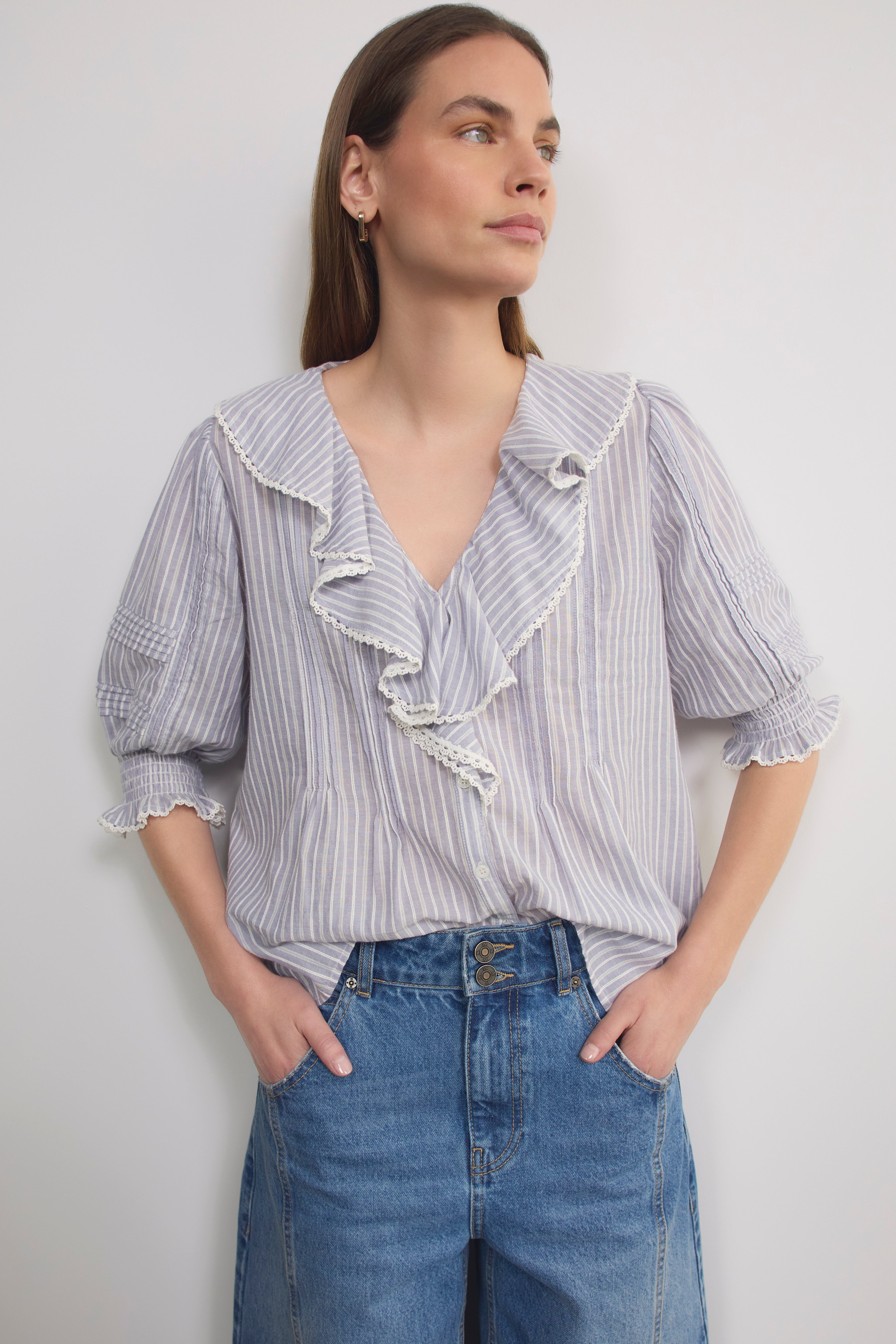 Kiera Blouse - Misty Blue/Ivory Stripe