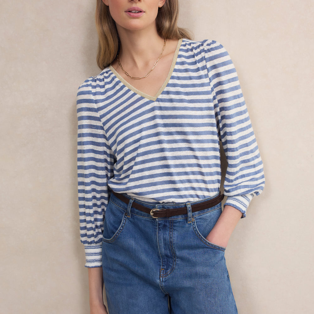 Lily Linen 3/4 V-Neck Top - Chambray Blue/Ivory Stripe