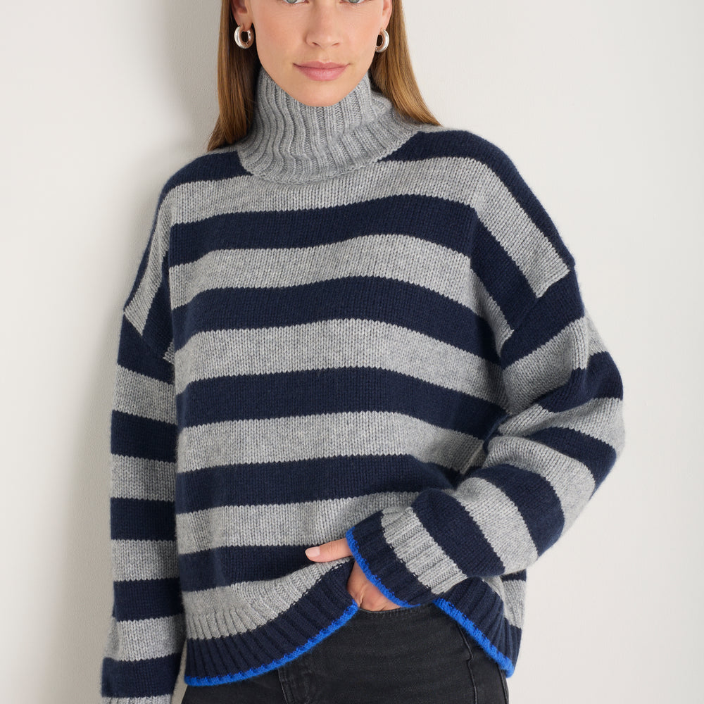 Liana Chunky Funnel Neck Jumper - Midnight/Grey Stripe