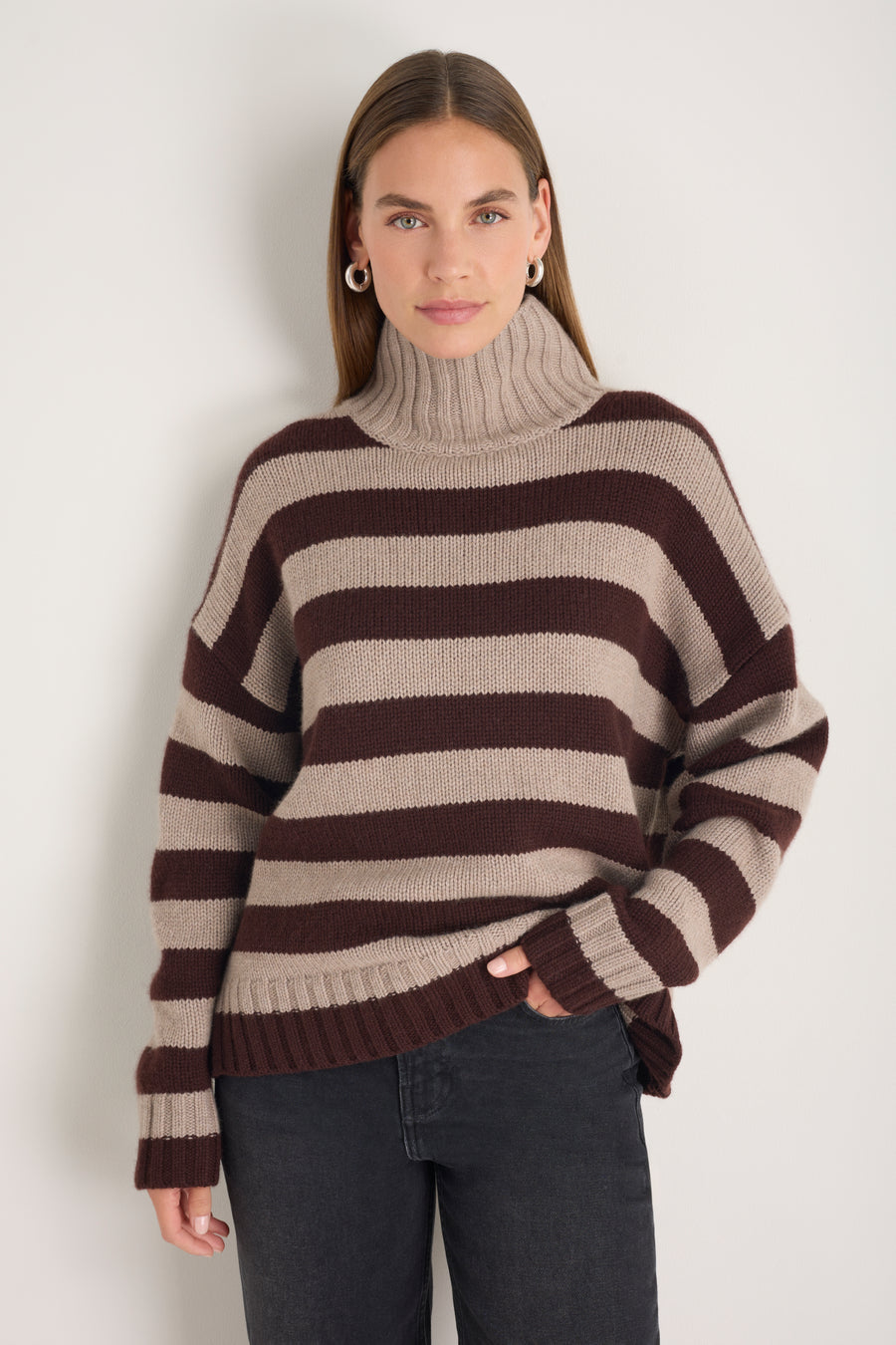 Liana Chunky Funnel Neck Jumper - Chocolate/Oat Stripe