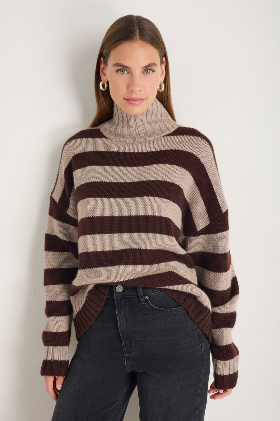 Liana Chunky Funnel Neck Jumper - Chocolate/Oat Stripe