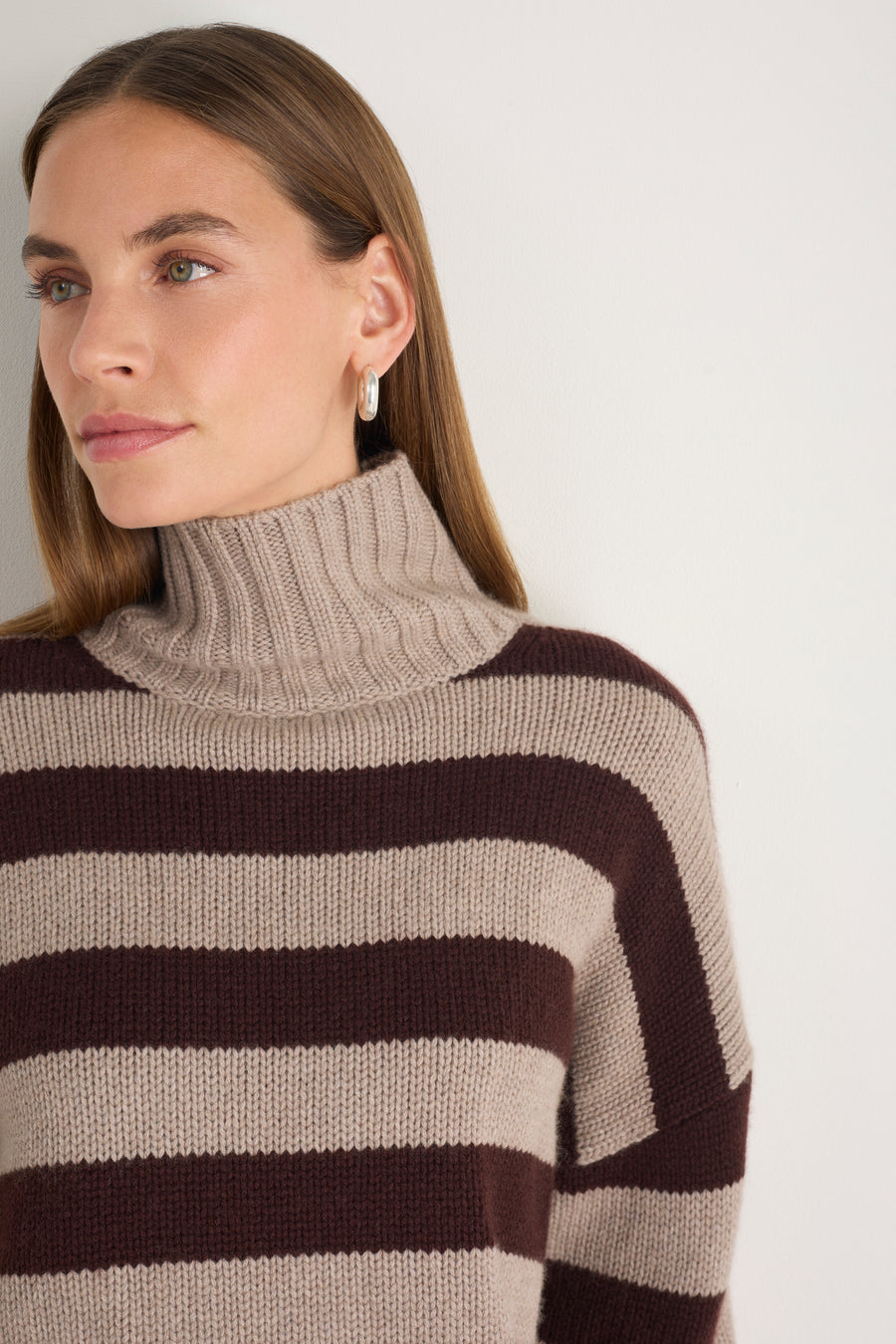 Liana Chunky Funnel Neck Jumper - Chocolate/Oat Stripe