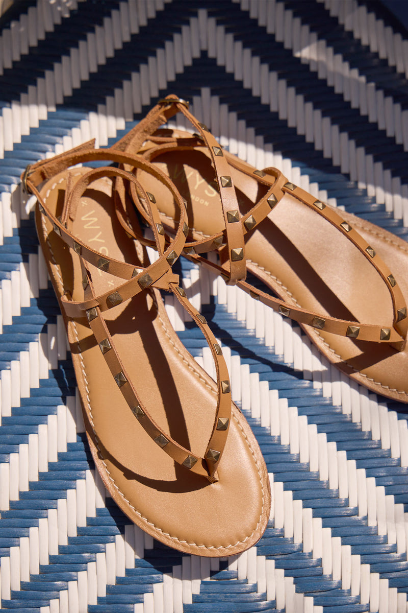 Salene Stud Detail Flat Sandal - Tan