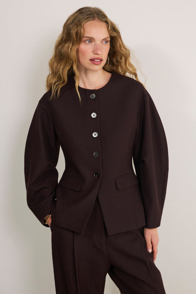 Sara Wool Blend Rounded Sleeve Jacket - Chocolate