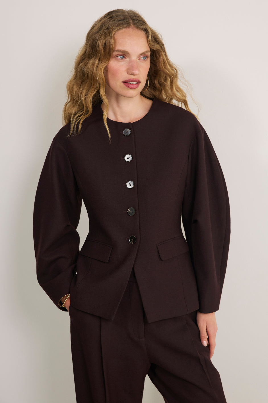 Sara Wool Blend Rounded Sleeve Jacket - Chocolate