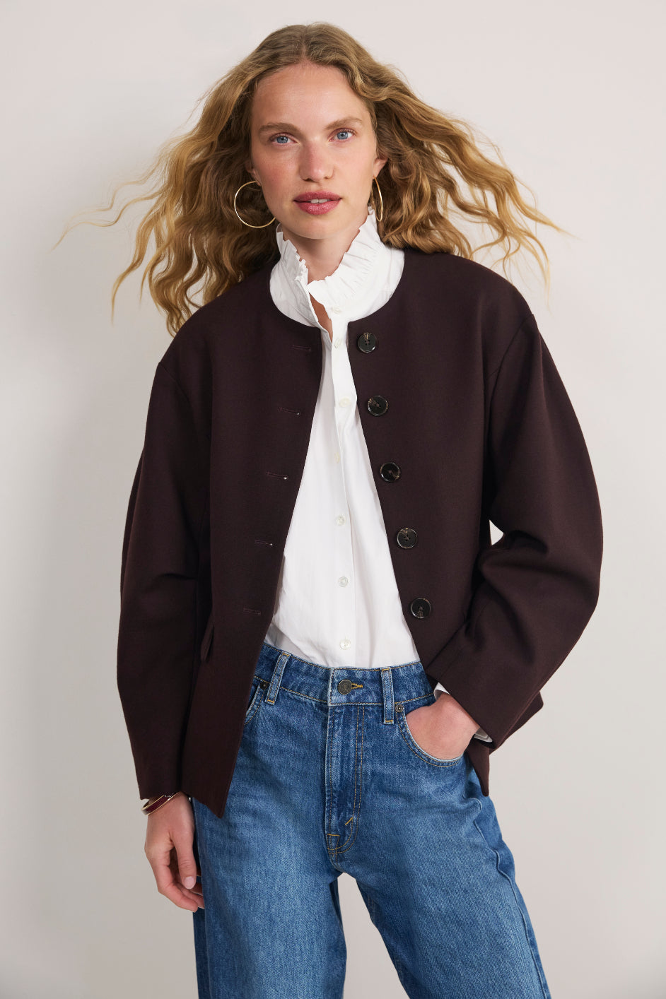 Sara Wool Blend Rounded Sleeve Jacket - Chocolate