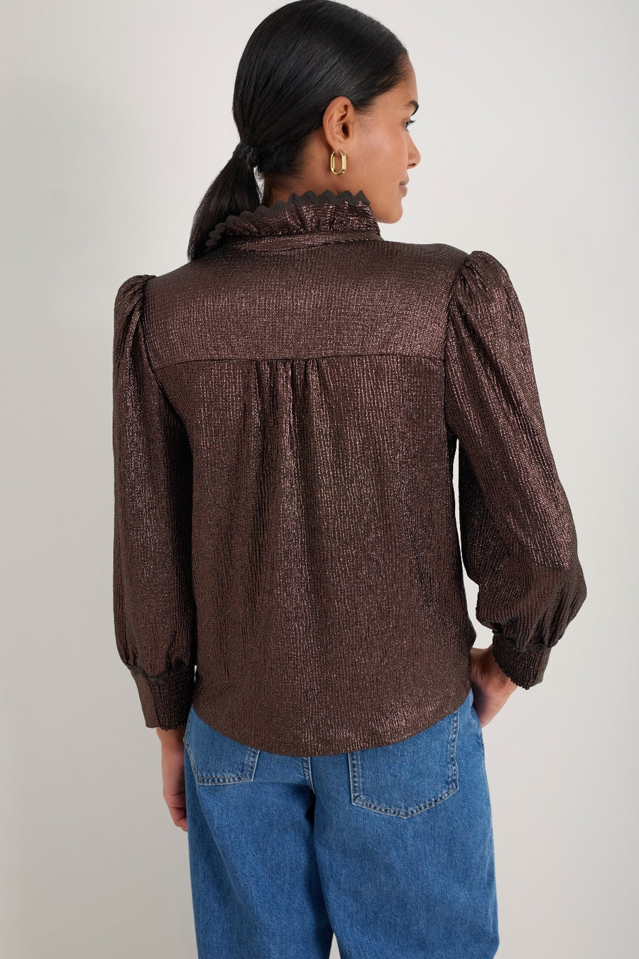 Sathony Metallic Frill Neck Top - Cocoa