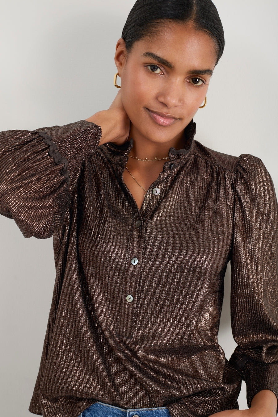 Sathony Metallic Frill Neck Top - Cocoa