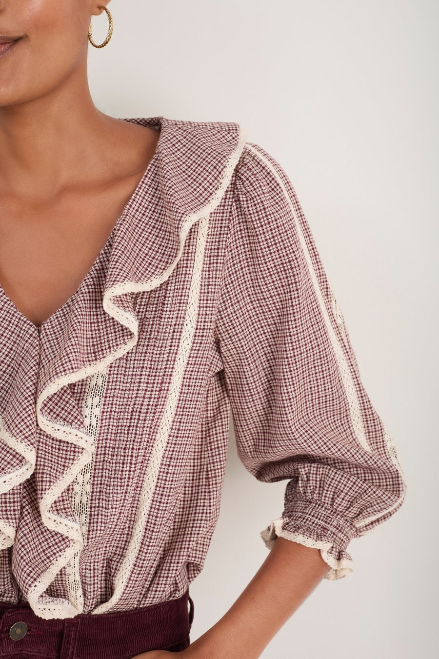 Sierra Blouse - Ecru/Deep Fig Check