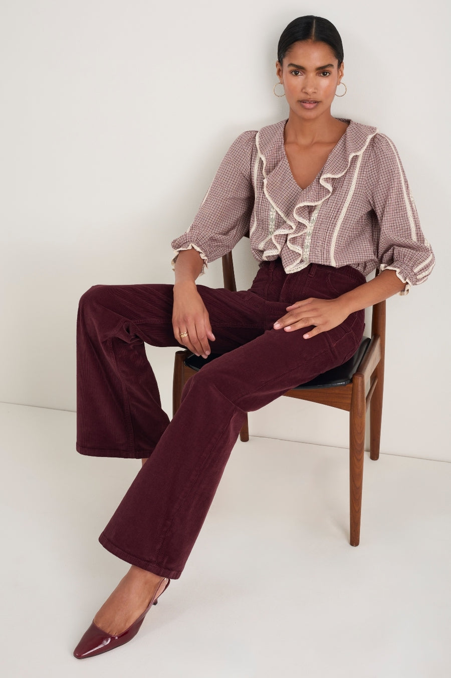 Sierra Blouse - Ecru/Deep Fig Check