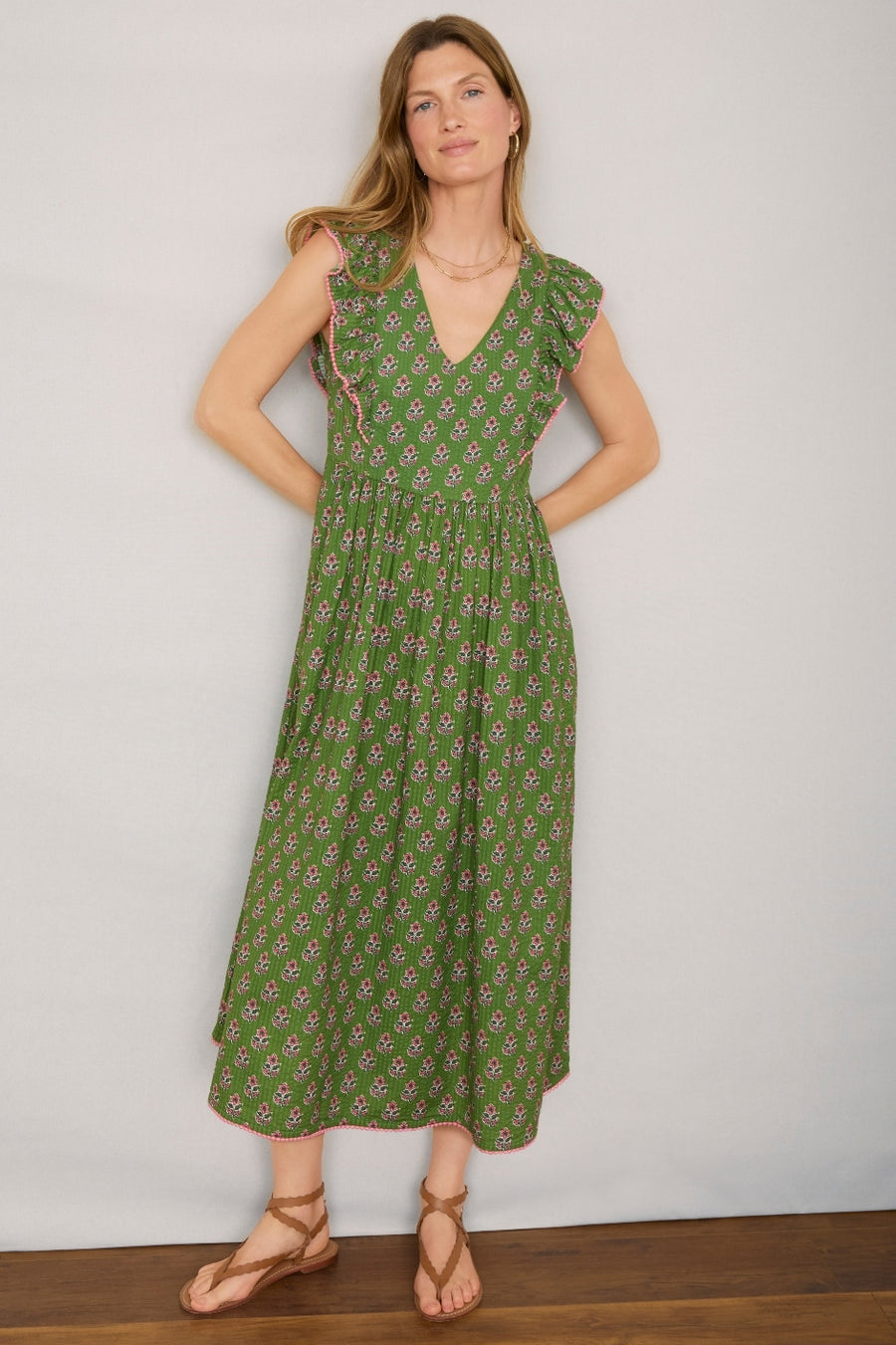 Simone Dress - Green Woodblock Print WYSE London Simone Dress - Green Woodblock Print WYSE London