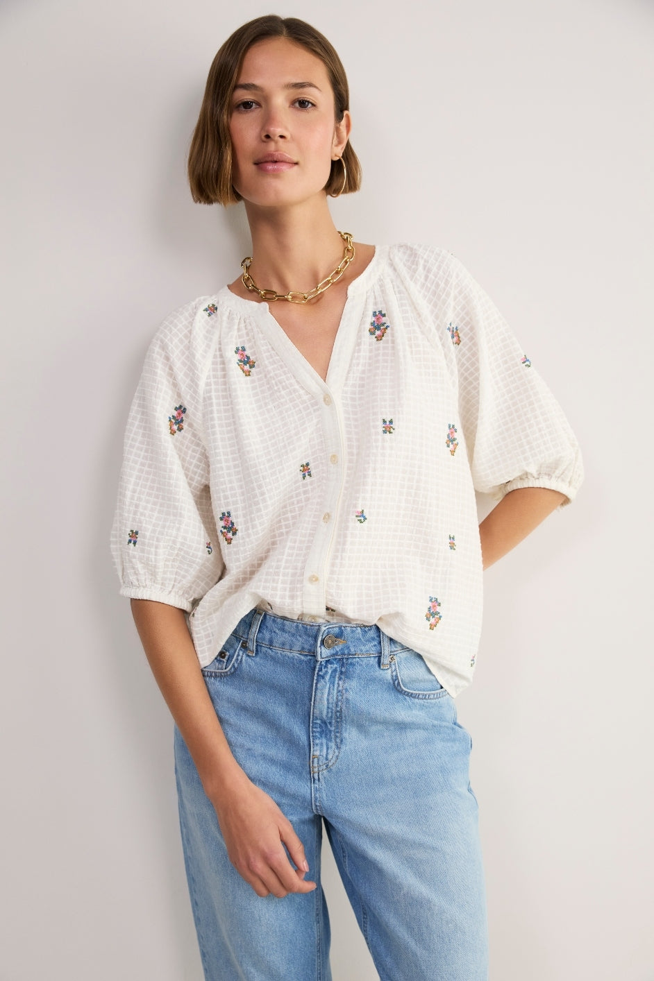 Skye Blouse - White Embroidered
