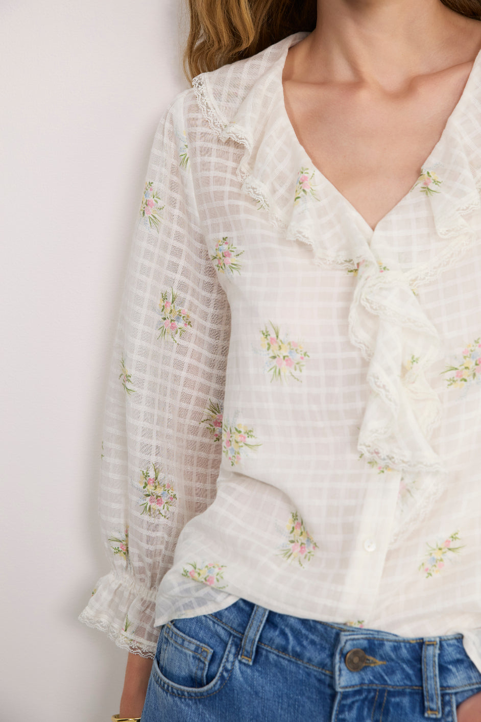 Stella Ruffle Blouse - Ivory Floral Cluster