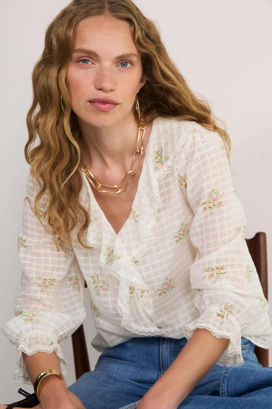 Stella Ruffle Blouse - Ivory Floral Cluster