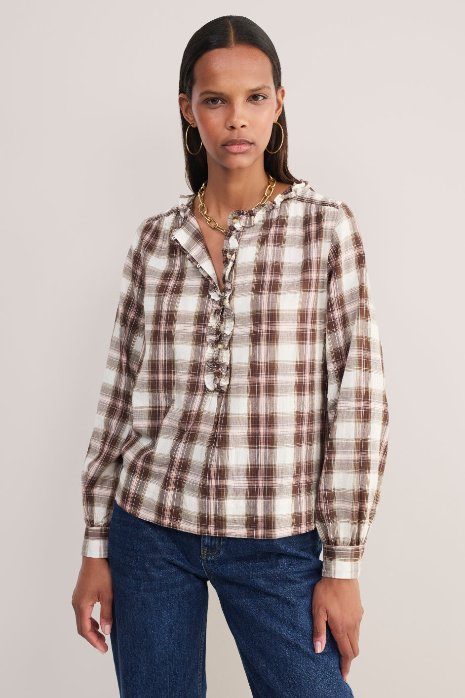 Tilly Blouse - Brown/Pink Check