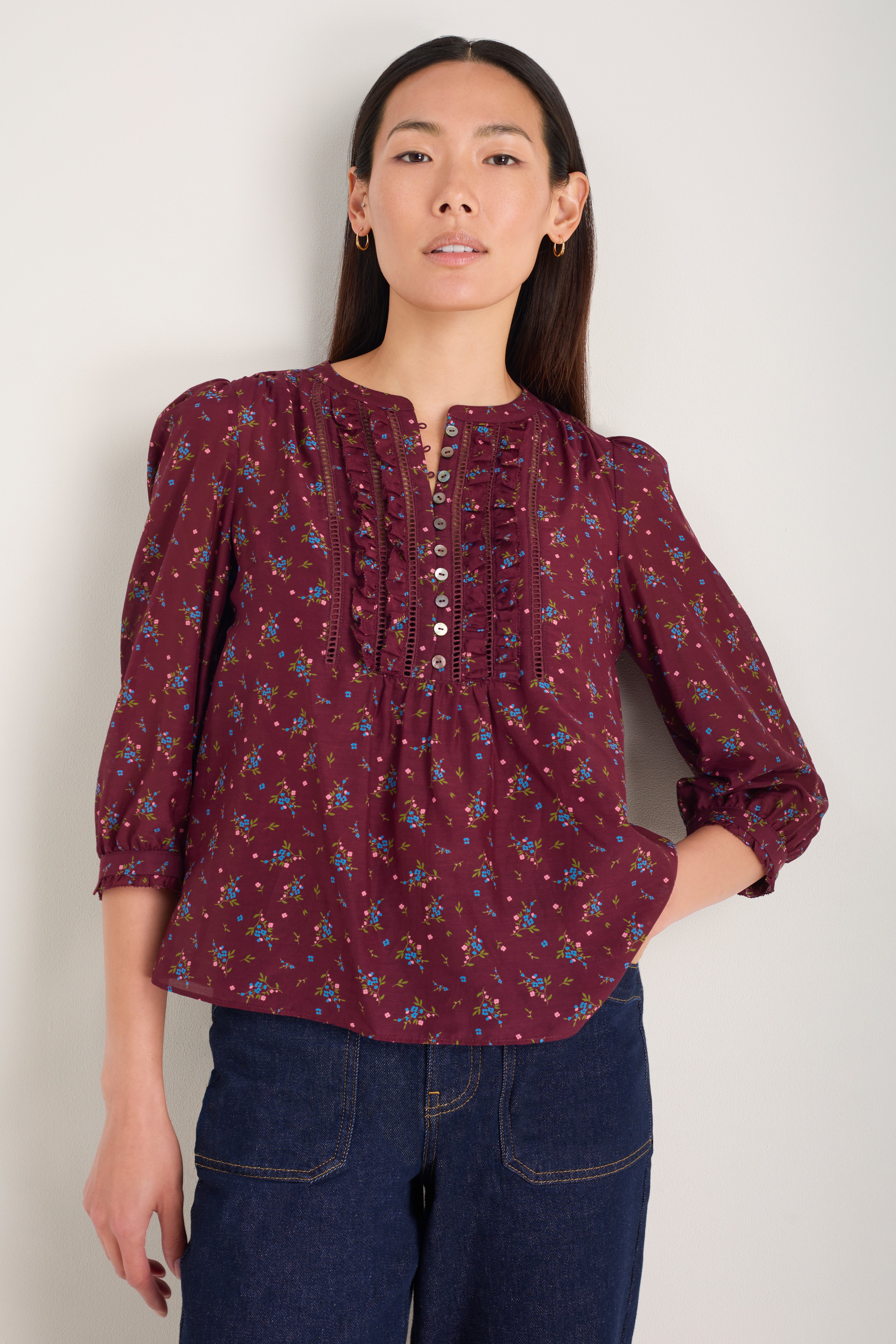 Veda 3/4 Sleeve Top - Deep Fig Sprig Floral