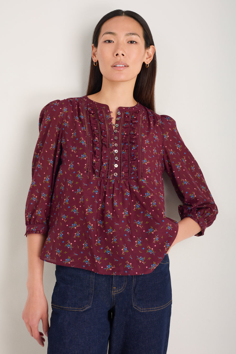 Veda 3/4 Sleeve Top - Deep Fig Sprig Floral