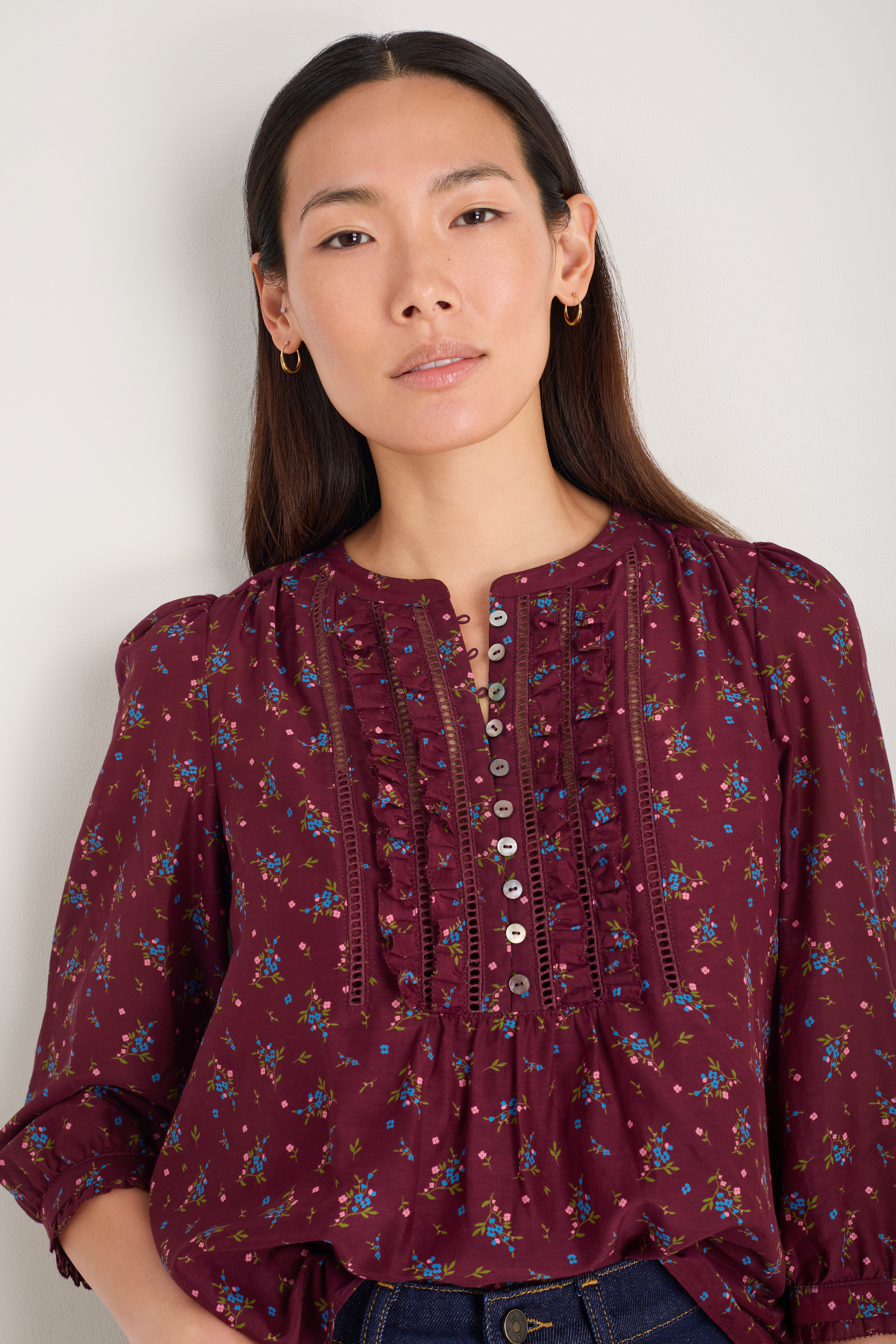 Veda 3/4 Sleeve Top - Deep Fig Sprig Floral
