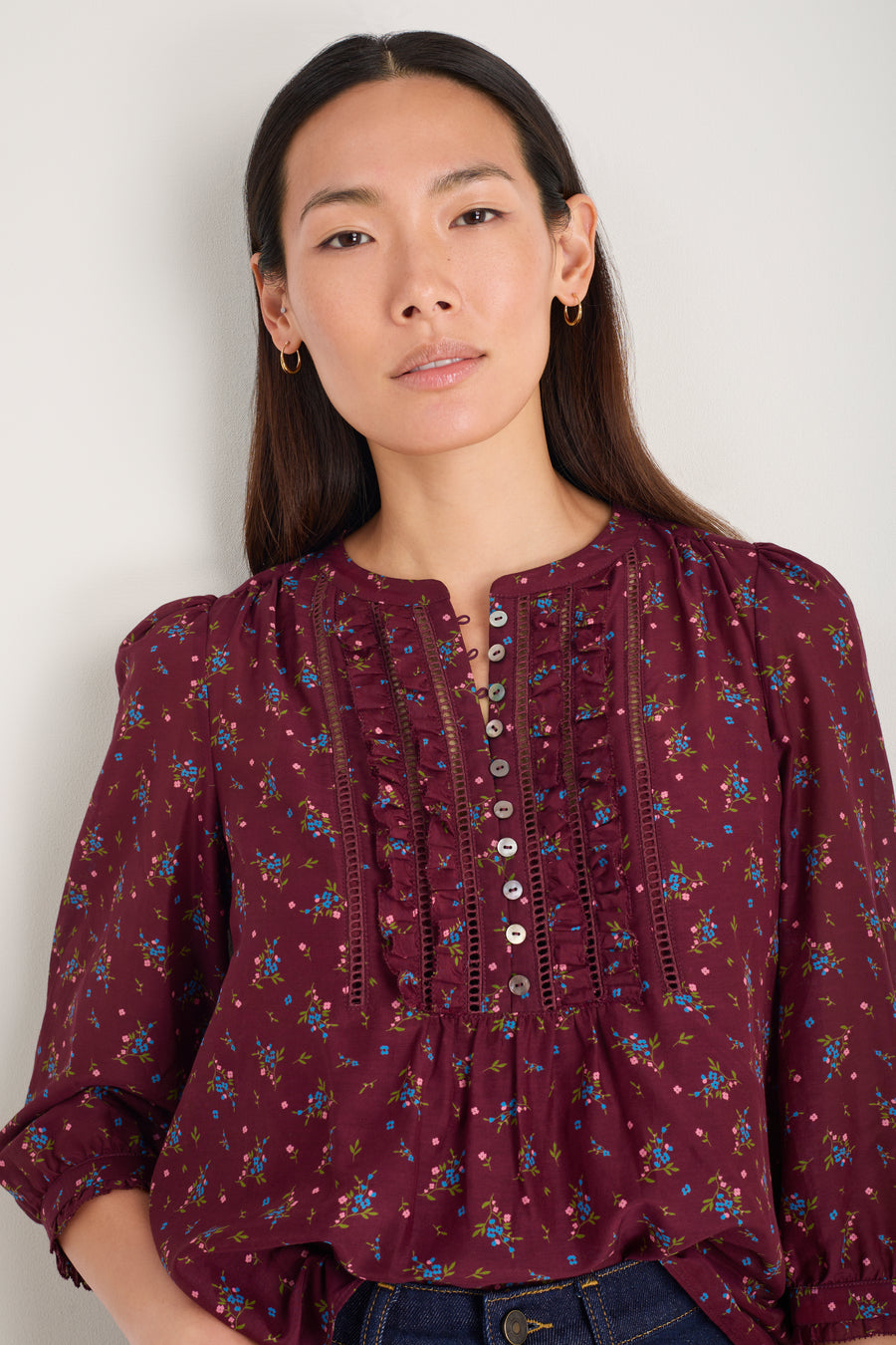 Veda 3/4 Sleeve Top - Deep Fig Sprig Floral