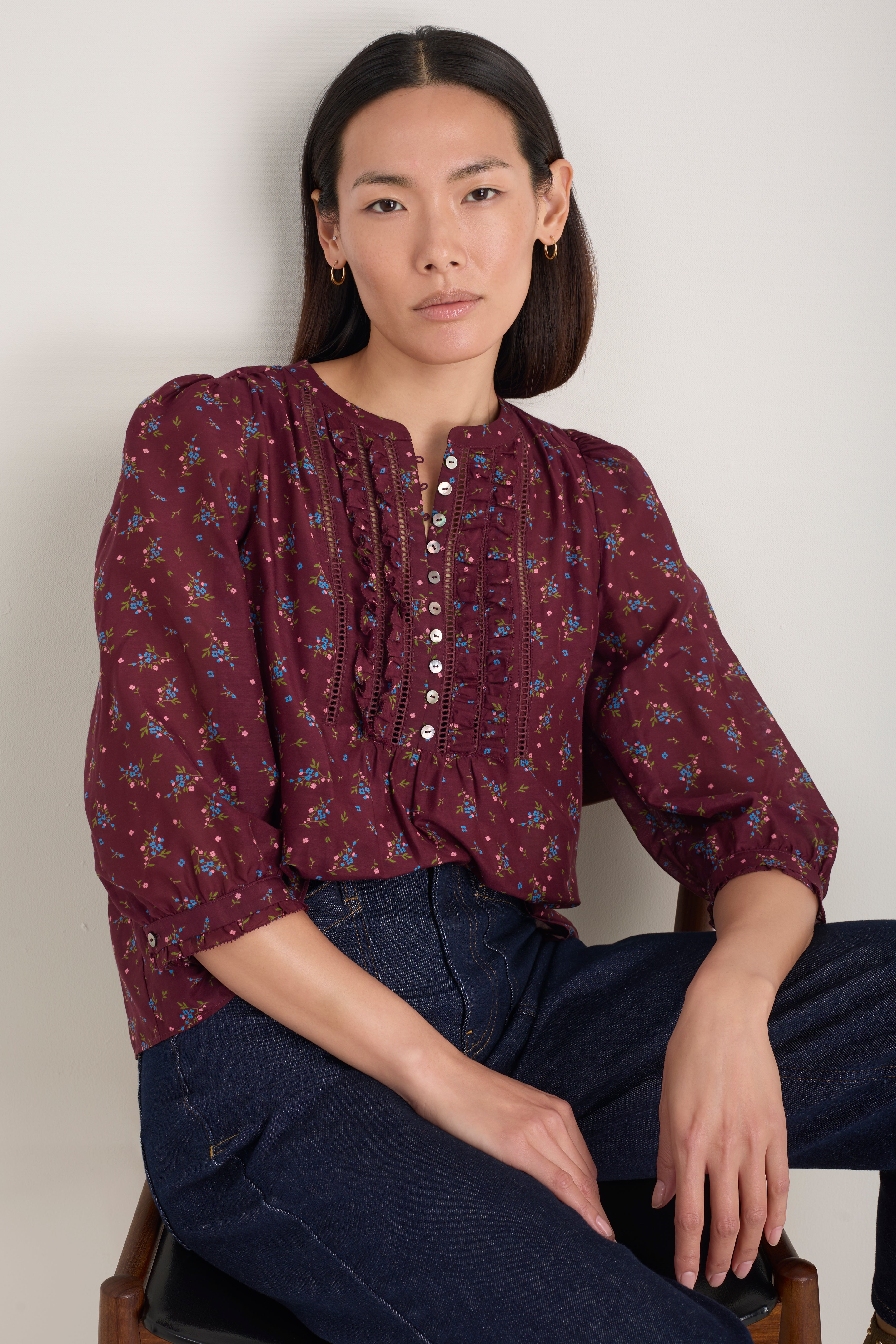 Veda 3/4 Sleeve Top - Deep Fig Sprig Floral