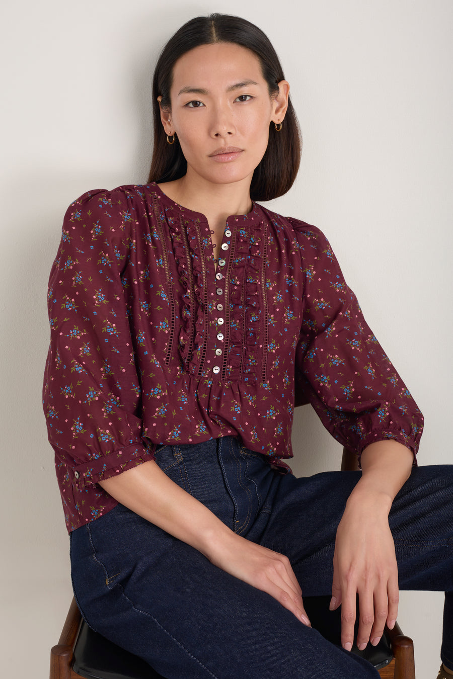Veda 3/4 Sleeve Top - Deep Fig Sprig Floral
