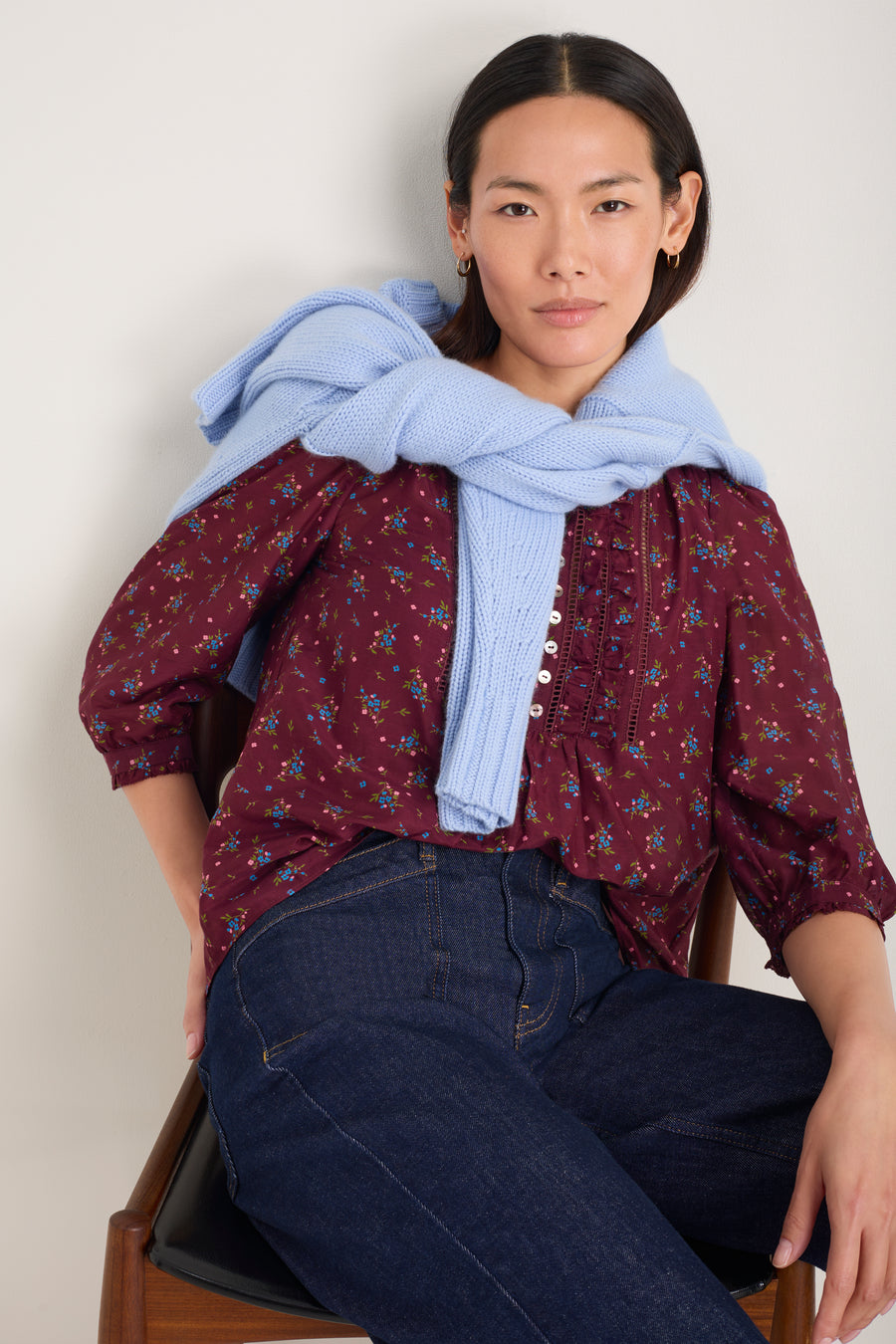 Veda 3/4 Sleeve Top - Deep Fig Sprig Floral