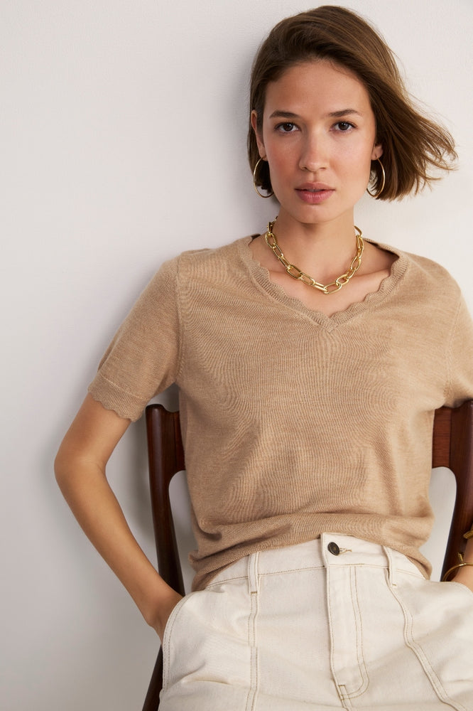 Fleurine V-Neck Short Sleeve Scallop Jumper - Camel