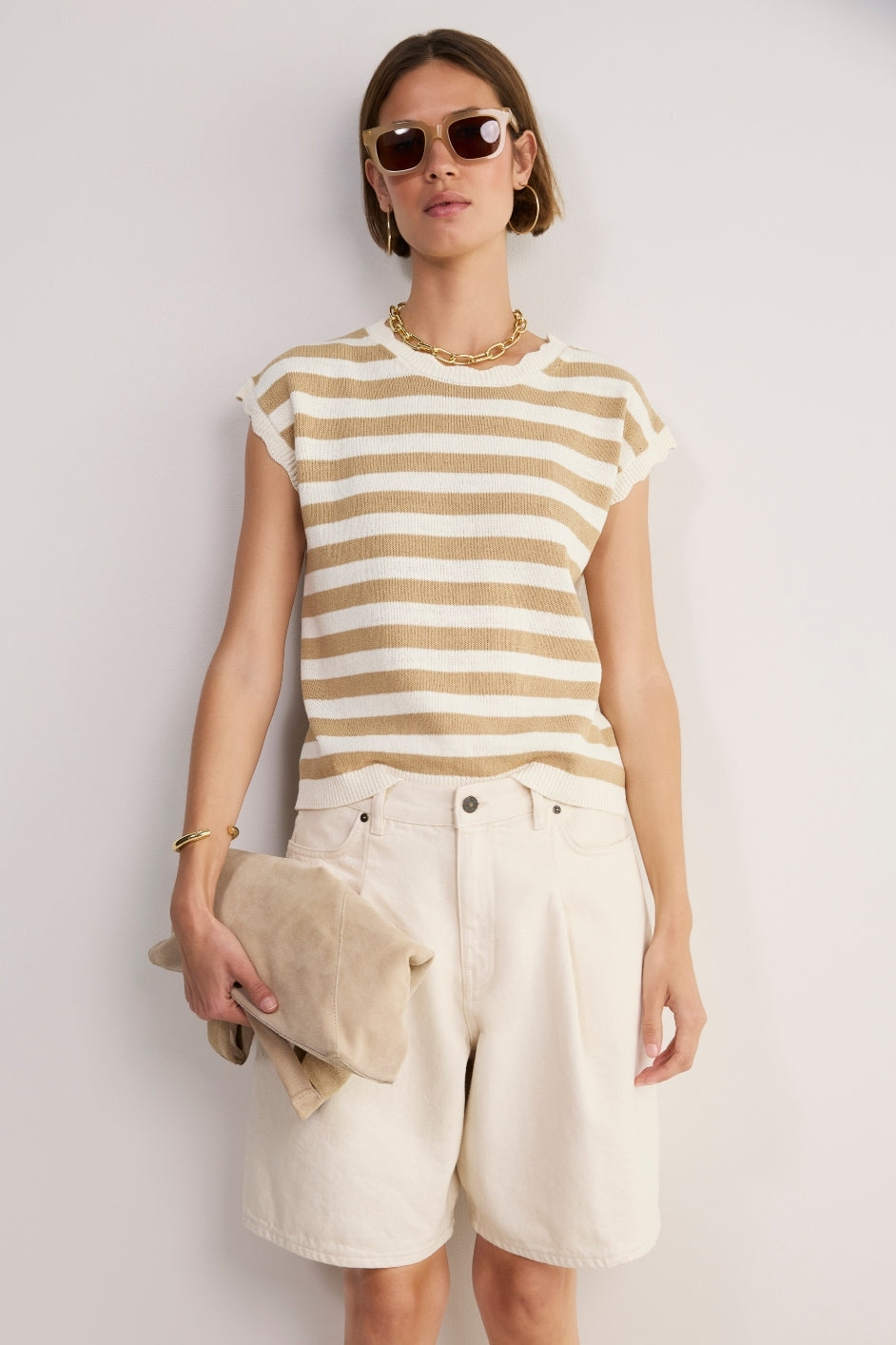 Fleurine Linen Cotton Tank - Tan/Ivory Stripe