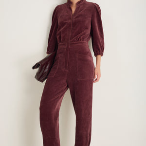 Zeena Cord Velour Jumpsuit - Deep Fig