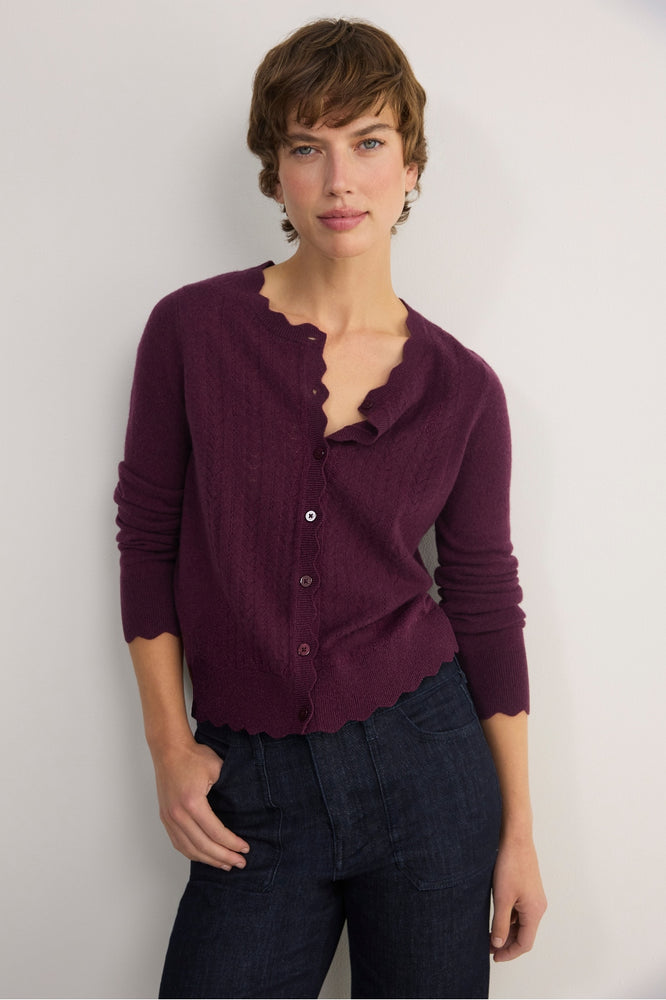 Zoe Pointelle Cardigan - Aubergine