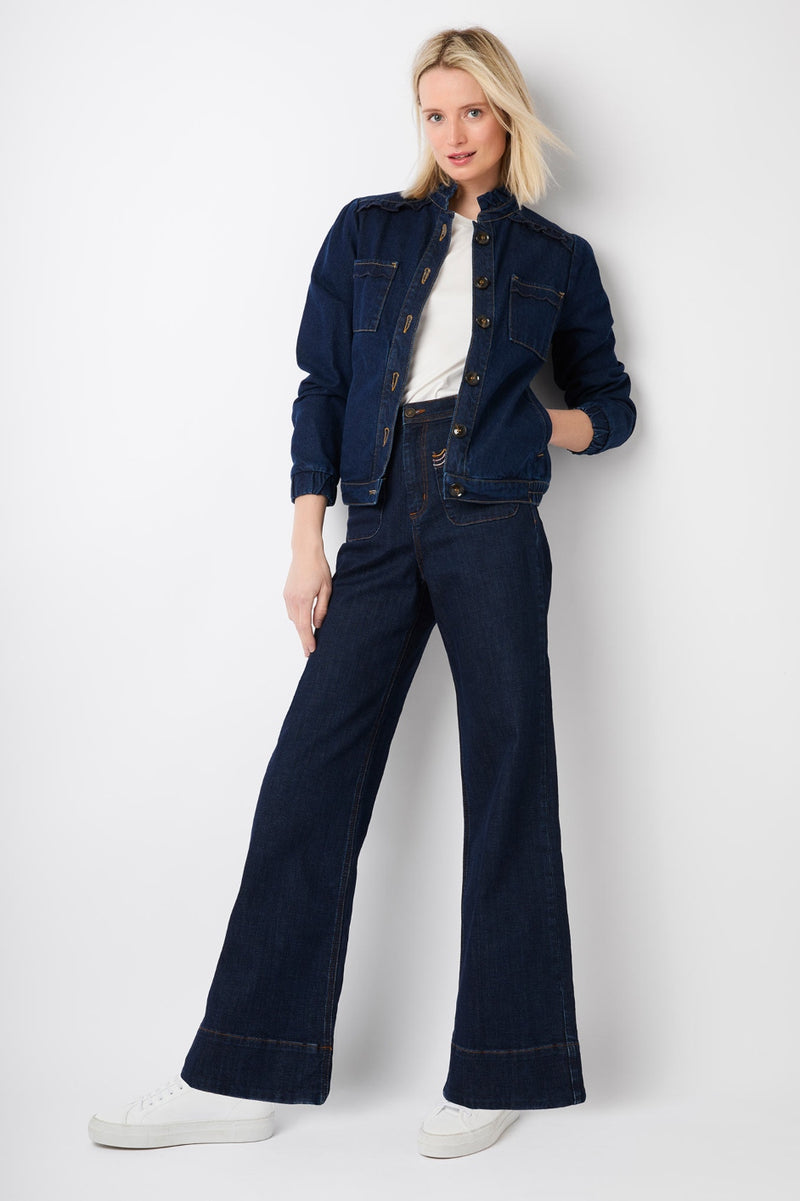 Flossie Scallop Trim Flared Jean - Mid Wash - Longer Length