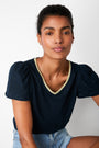 Lily Shimmer Trim Linen Tee - Navy/Gold
