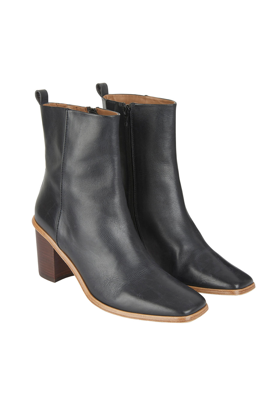 Angela Square Toe Leather Heel Boot - Black