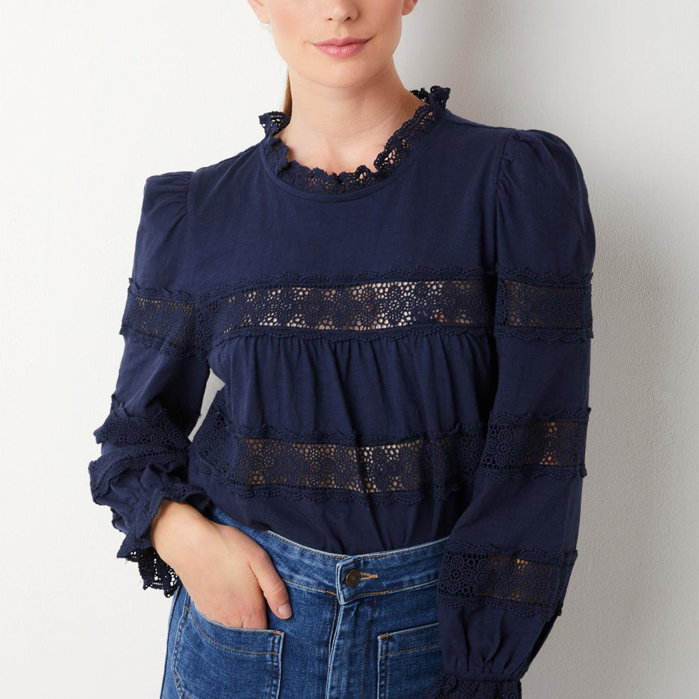 Ava Lace Trim Jersey Top - Navy