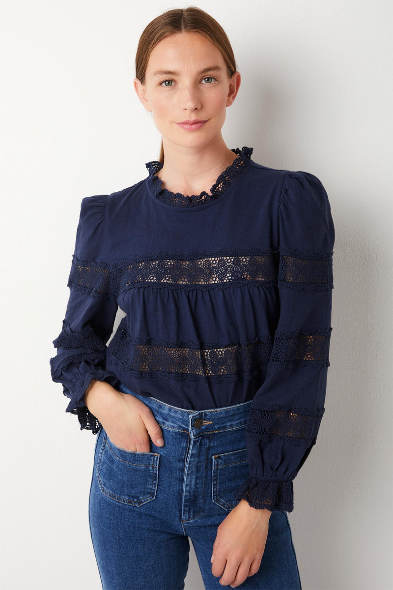 Ava Lace Trim Jersey Top - Navy