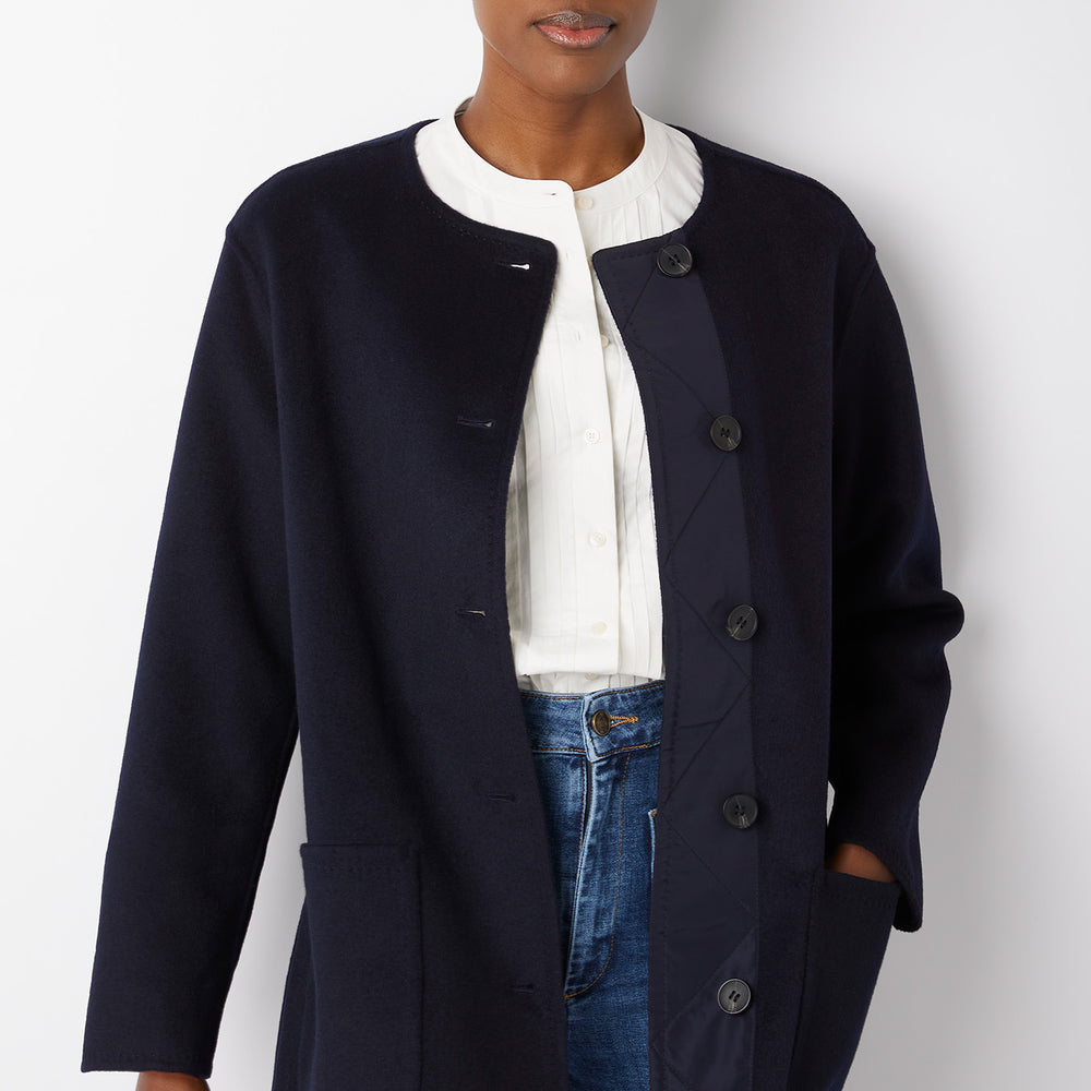 Corine Collarless Double Faced Wool Blend Coat - Navy
